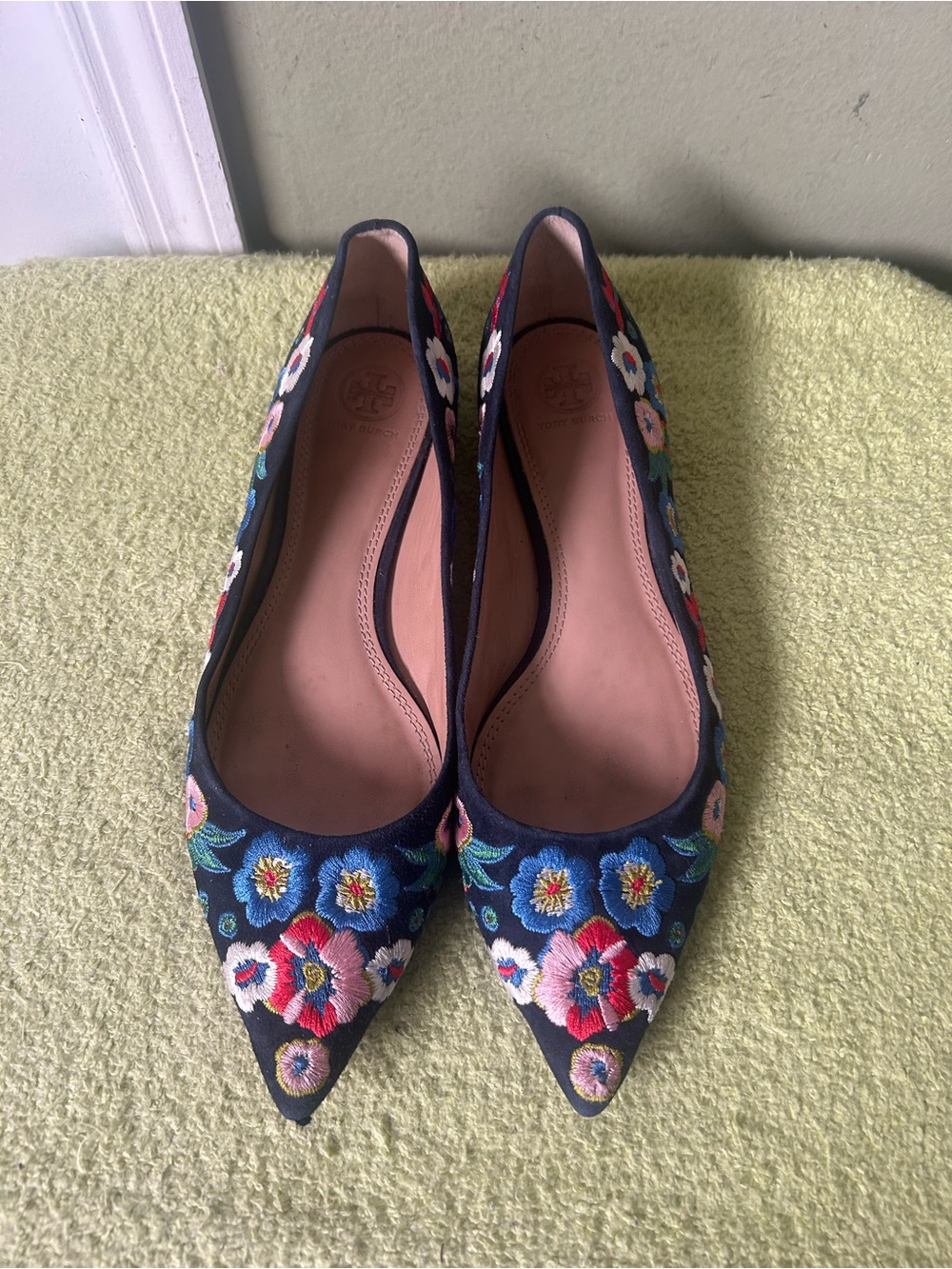 Tory Burch Rosemont Navy Floral Embroidered Pointed Toe Flats